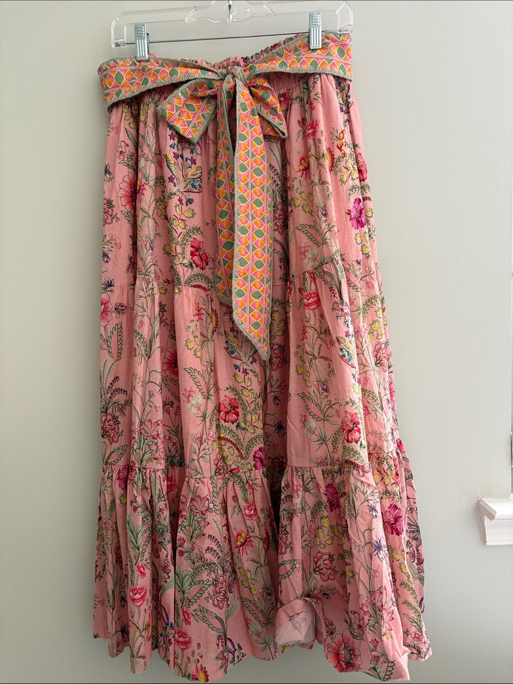Pink Floral Tiered Maxi Skirt with Patterned Waist Tie